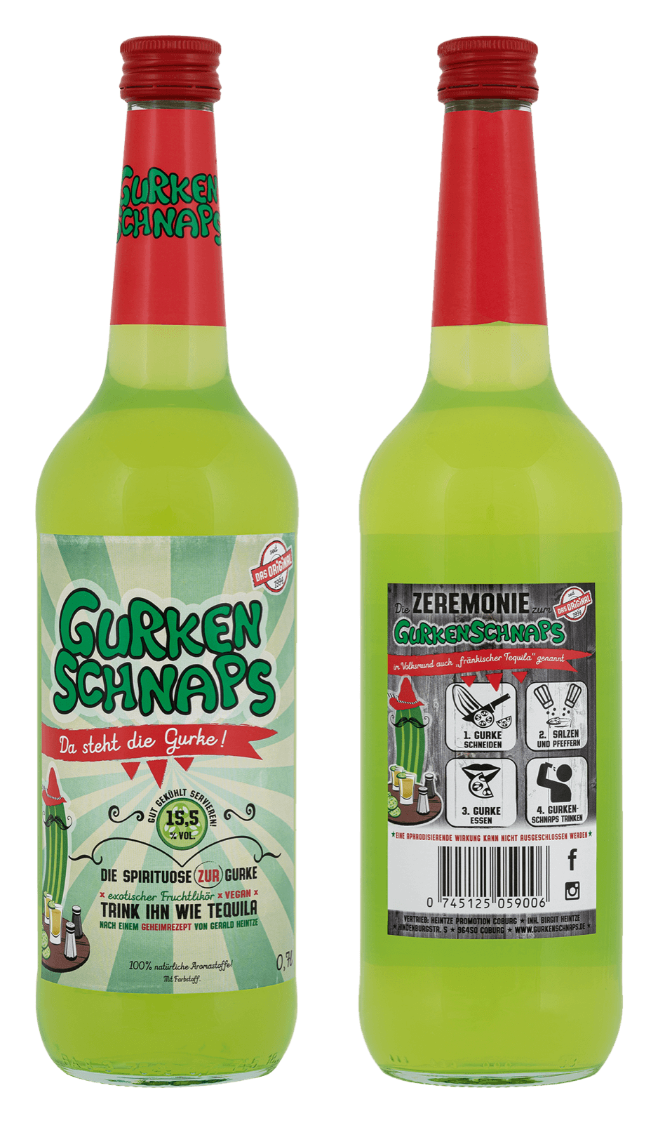 Gurkenschnaps Flasche – Vorder- und Rückseite