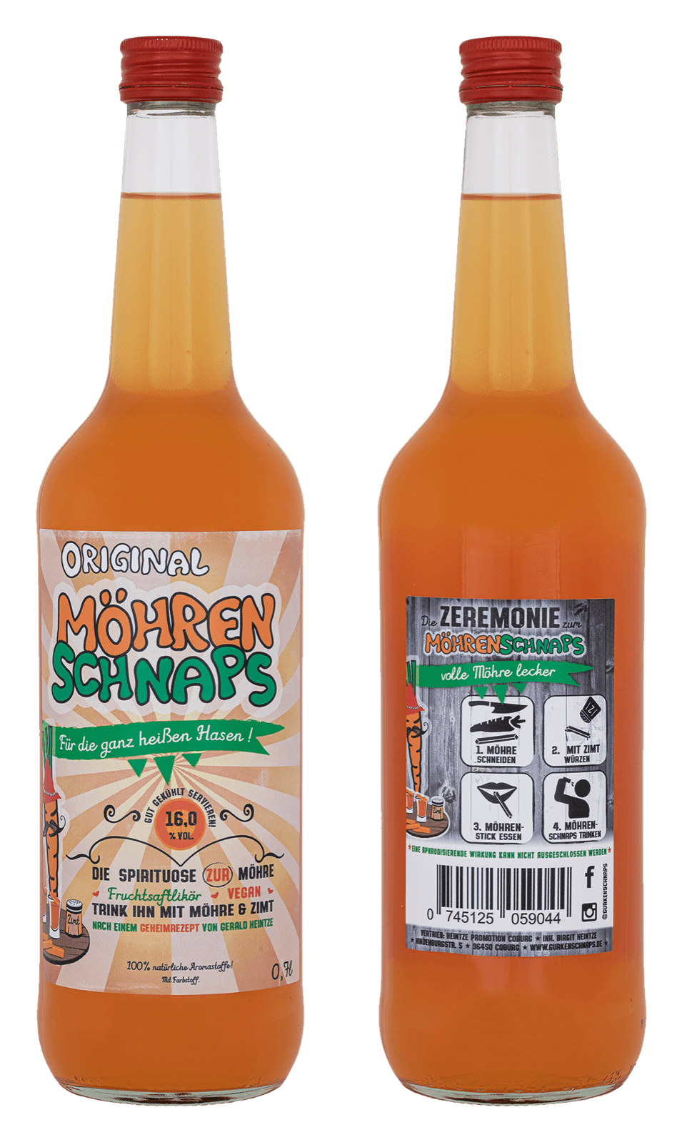 Möhrenschnaps Flasche – Vorder- und Rückseite