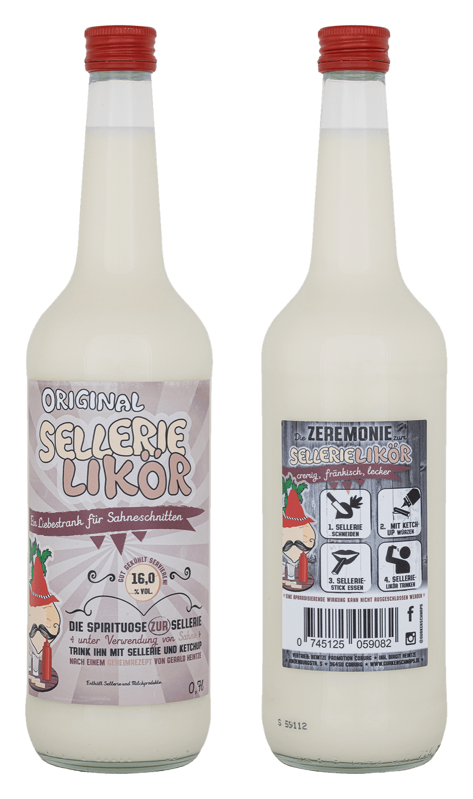 Sellerielikör Flasche – Vorder- und Rückseite