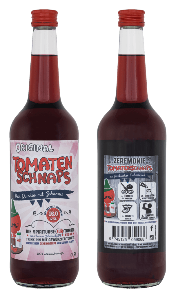 Tomatenschnaps Flasche – Vorder- und Rückseite