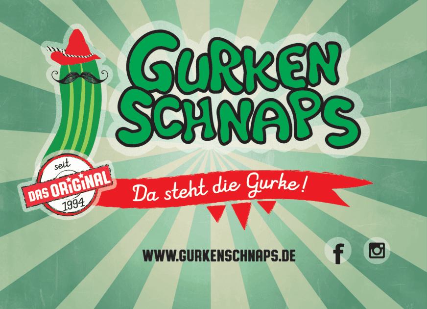 Gurkenschnaps-Aufkleber mit Gurke, Fahne und Webadresse