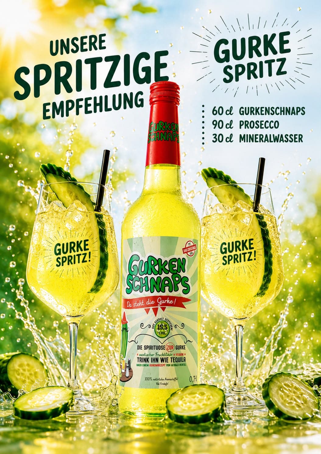 Gurke Spritz: Gurkenschnaps mit Prosecco und Mineralwasser, serviert im Weinglas mit Gurkenscheibe