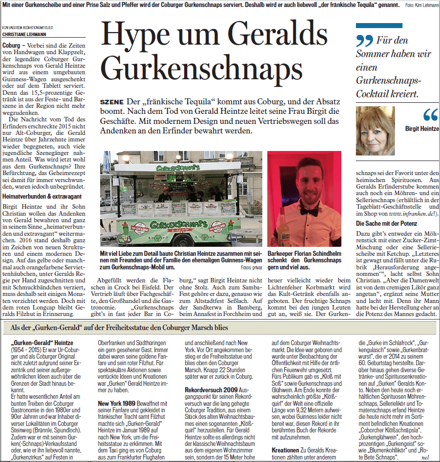 Zeitungsartikel über Gurkenschnaps im Coburger Tageblatt vom 25. Februar 2017