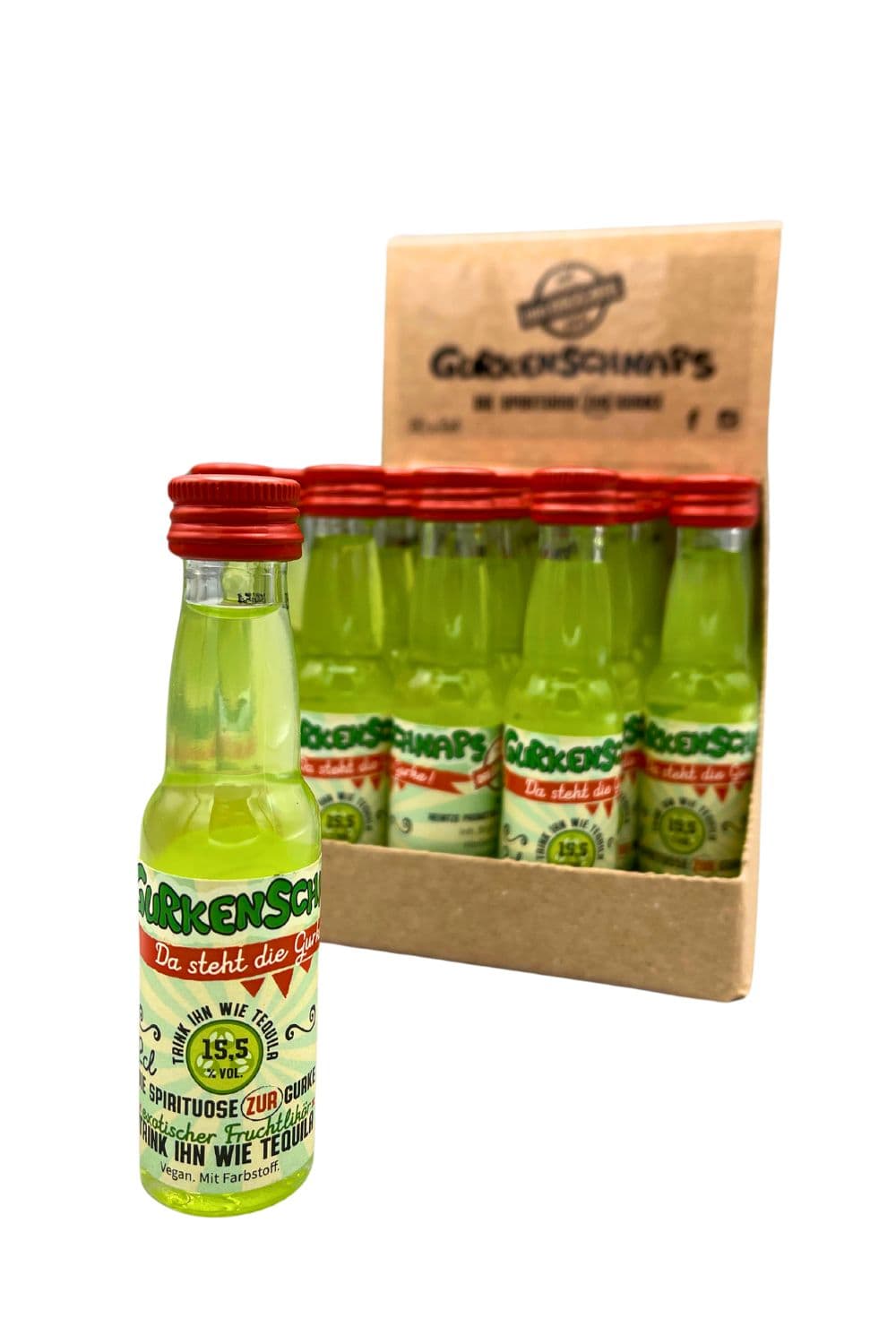Gurkenschnaps Klopfer 2 cl vor der 30er Displaybox aus Karton