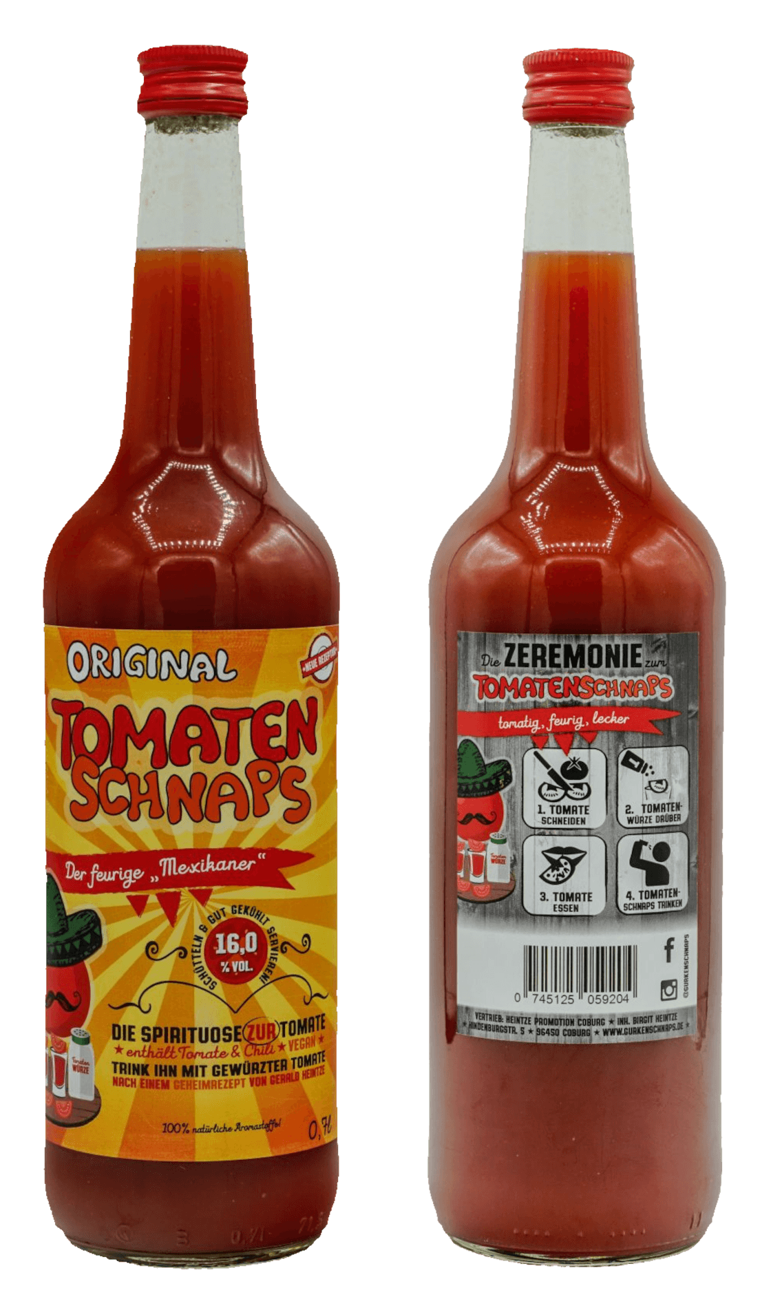 Tomatenschnaps „Mexikaner“ Flasche – Vorder- und Rückseite